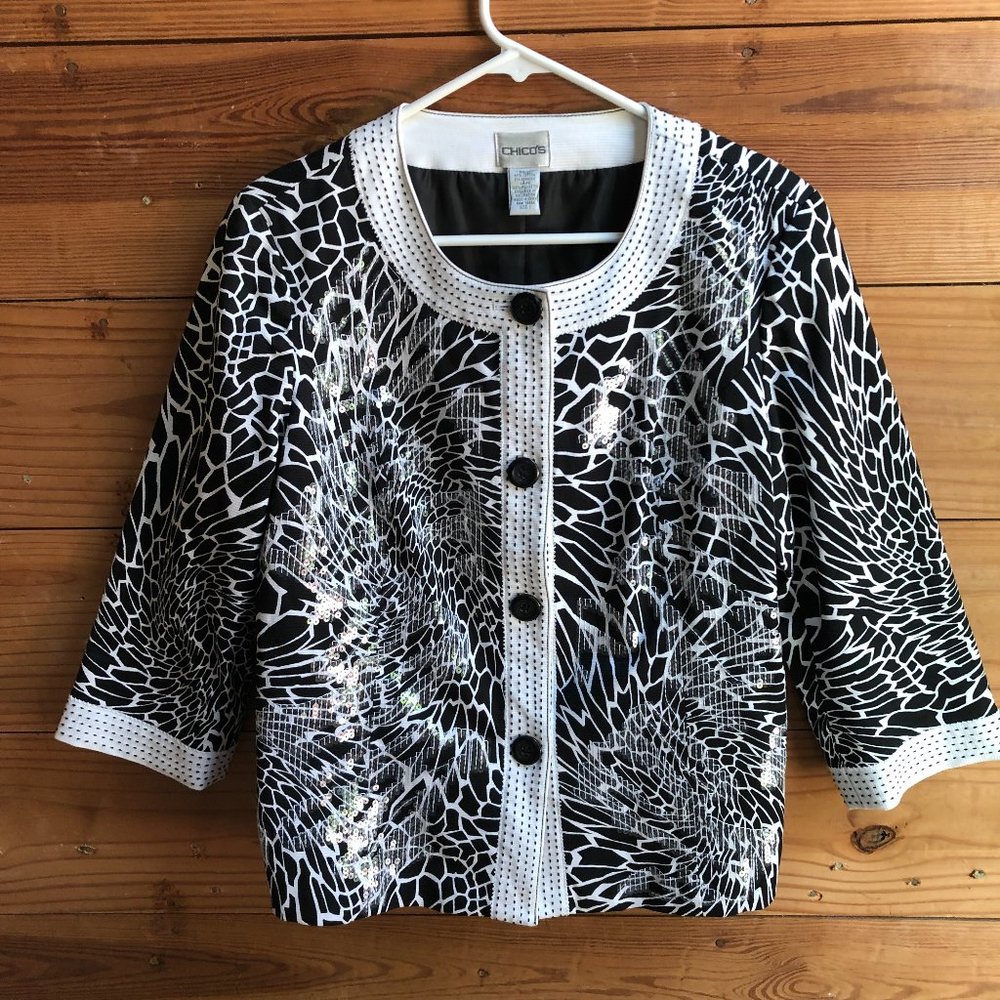 Chico's Black & White 3/4 Sleeve Sequence Jacket